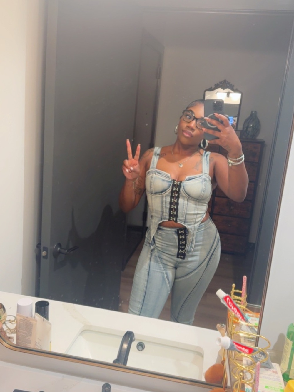 Light Wash Denim Corset Top and High-Waist Jeans Set